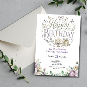 Purple Green Watercolor Florals Birthday Her Invitation