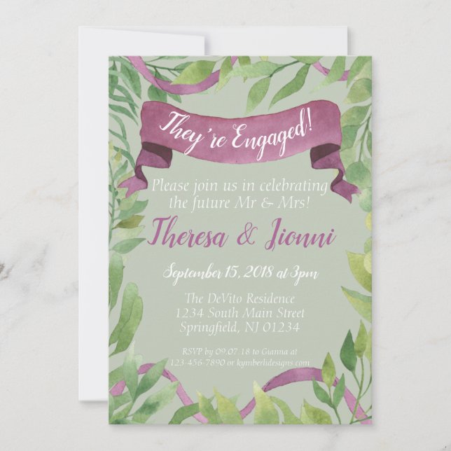 Purple & Green Watercolor Leaves Engagement Invitation (Front)