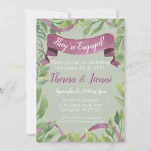 Purple & Green Watercolor Leaves Engagement Invitation