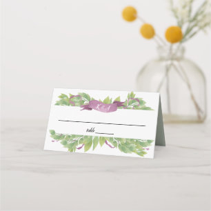 Purple & Green Watercolor Leaves - Place Card