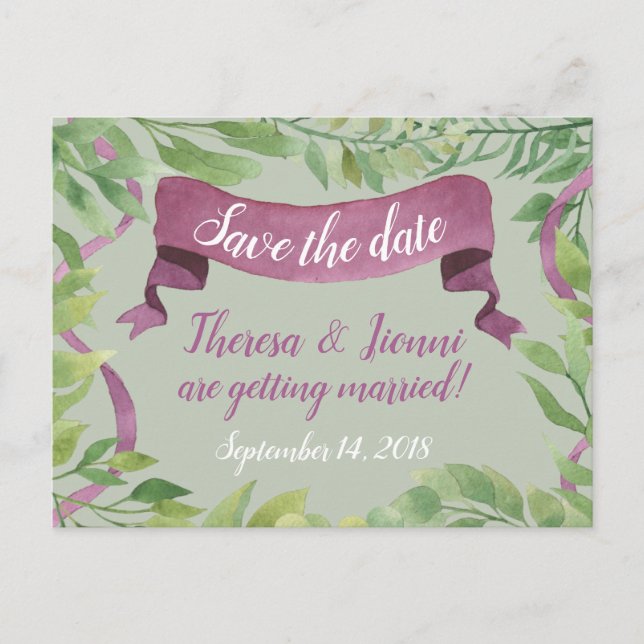 Purple & Green Watercolor Leaves - Save the Date Announcement Postcard (Front)