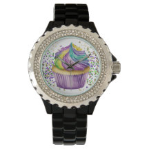 PURPLE GREEN WATERCOLOR MARDI GRAS CUPCAKE
