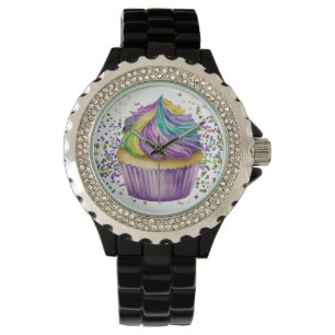 PURPLE GREEN WATERCOLOR MARDI GRAS CUPCAKE WATCH