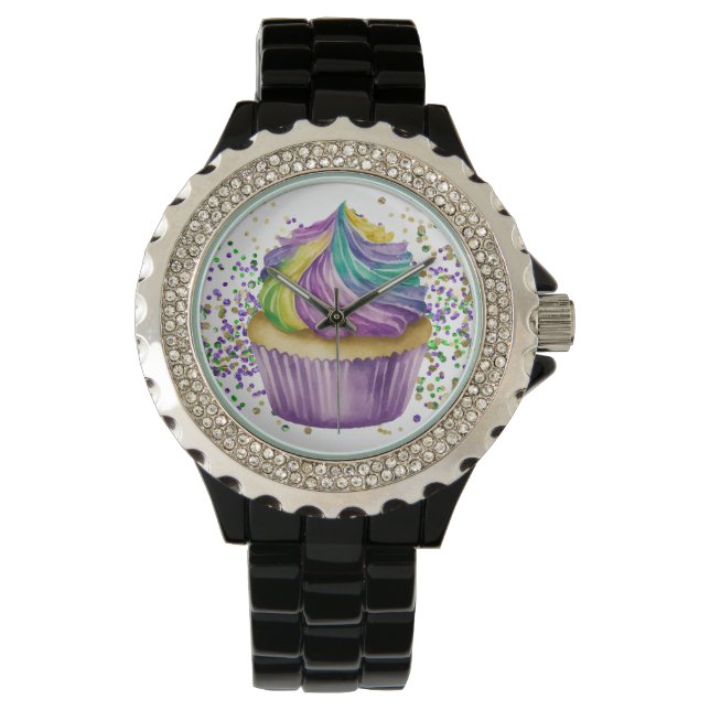 PURPLE GREEN WATERCOLOR MARDI GRAS CUPCAKE WATCH (Front)