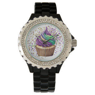 PURPLE GREEN WATERCOLOR MARDI GRAS CUPCAKE WATCH