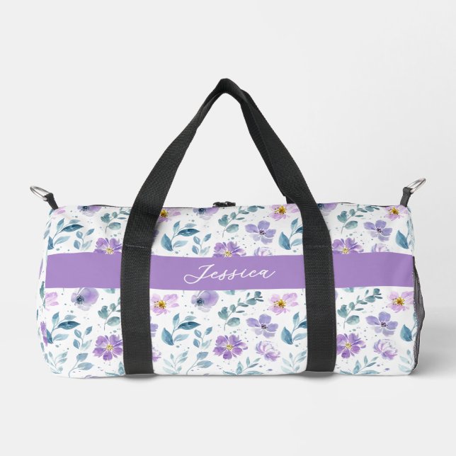 Purple Green Watercolor Wildflower Monogram Duffle Bag (Front)