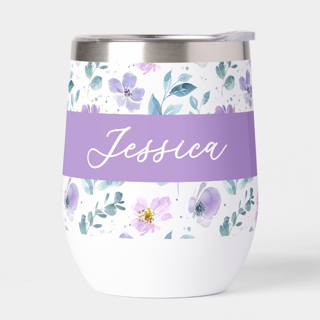 Purple Green Watercolor Wildflower Monogram Name (Left)