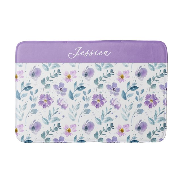 Purple Green Watercolor Wildflower Monogram Name Bath Mat (Front)