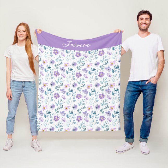 Purple Green Watercolor Wildflower Monogram Name Fleece Blanket (In Situ)