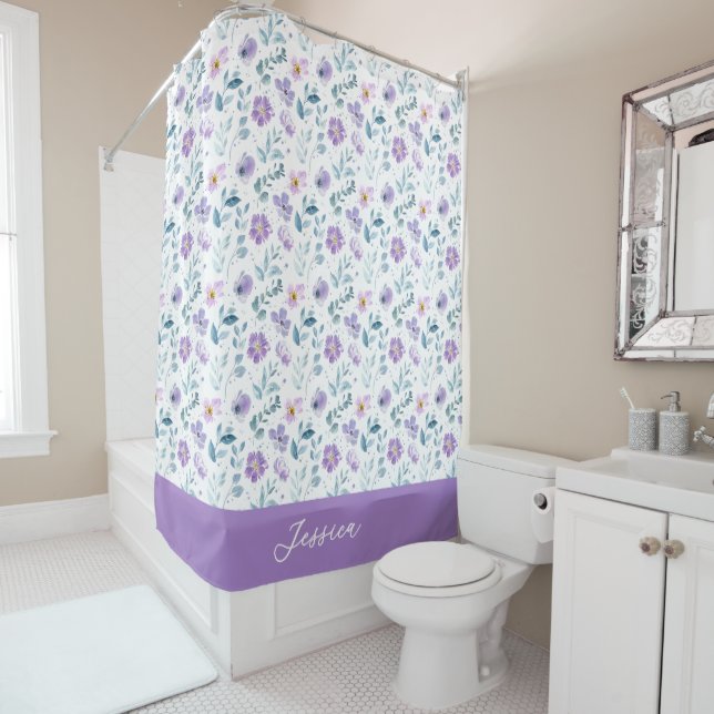 Purple Green Watercolor Wildflower Monogram Name Shower Curtain (In Situ)