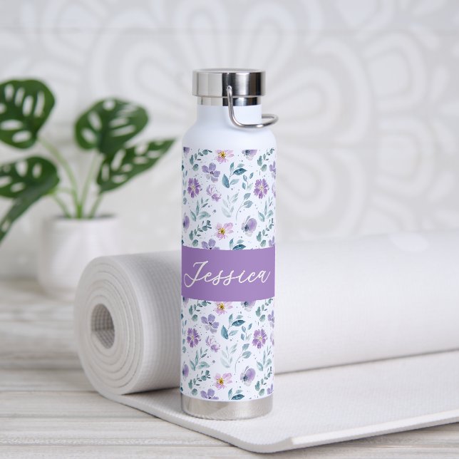 Purple Green Watercolor Wildflower Monogram Name Water Bottle (Yoga)