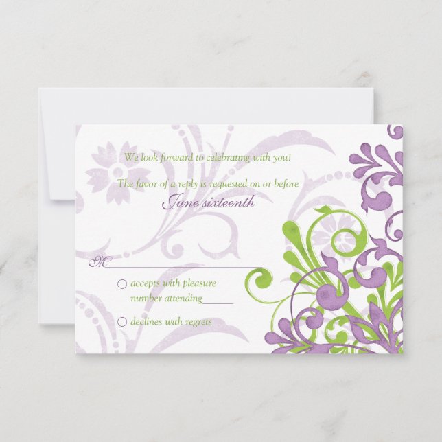 Purple Green White Abstract Floral Wedding rsvp Card (Front)
