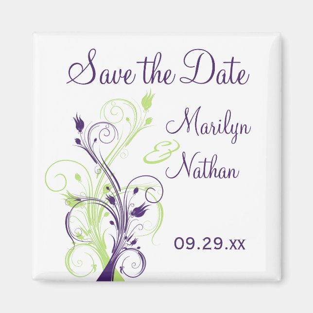 Purple Green White Floral Save the Date Magnet (Front)