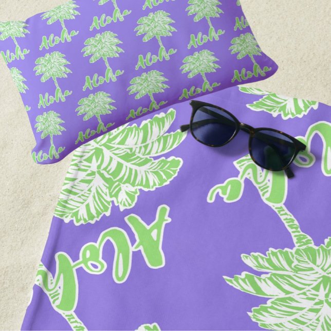 Purple Green White Palm Aloha Tropical  Beach Towel (Vibrant tropical Hawaiian theme beach towel)