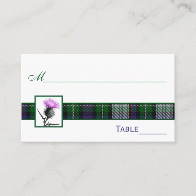 Purple, Green, White Tartan Thistle Place Cards (Front)