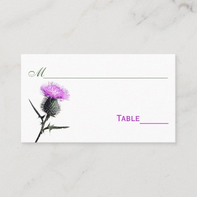 Purple, Green, White Thistle Flower Place Cards (Front)