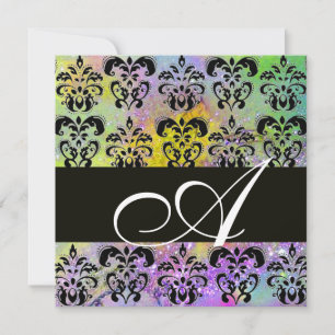 PURPLE GREEN YELLOW BLACK DAMASK MONOGRAM , white Invitation