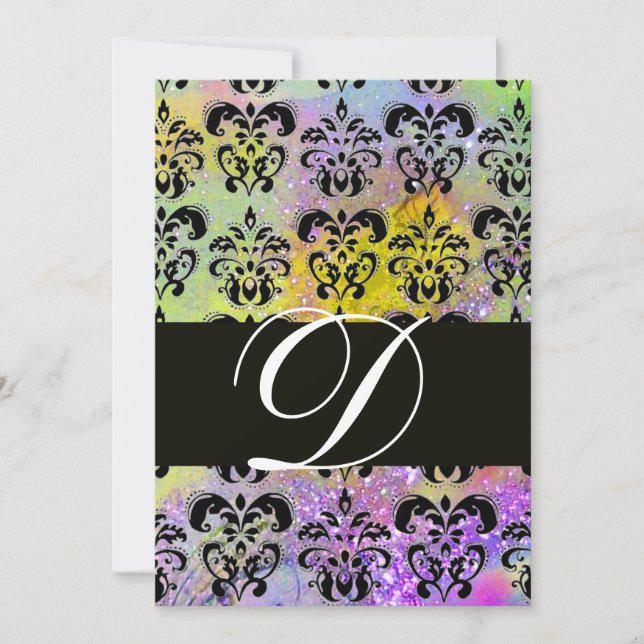 PURPLE GREEN YELLOW BLACK  DAMASK MONOGRAM , white Invitation (Front)