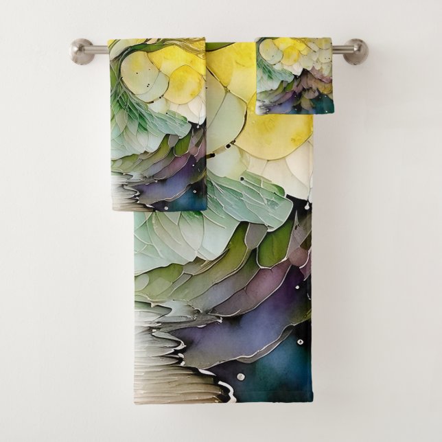 Purple Green Yellow Blue Abstract Fantasy Tree Bath Towel Set (Insitu)