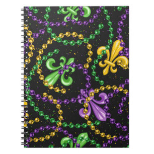 PURPLE GREEN YELLOW MARDI GRAS BEADS & FLEUR NOTEBOOK