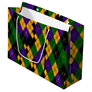 PURPLE GREEN YELLOW MARDI GRAS DIAMOND PATTERN LARGE GIFT BAG