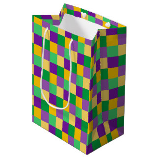 PURPLE GREEN YELLOW MARDO GRAS SQUARES MEDIUM GIFT BAG