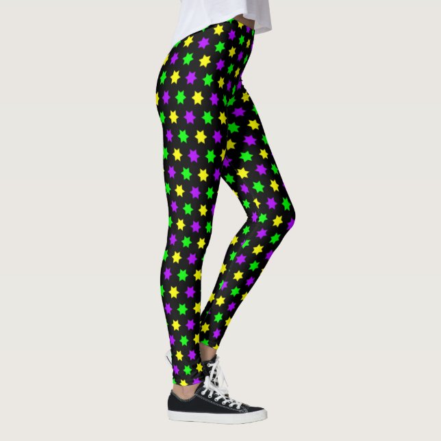 Purple Green Yellow Stars Black Mardi Gras Leggings (Right)