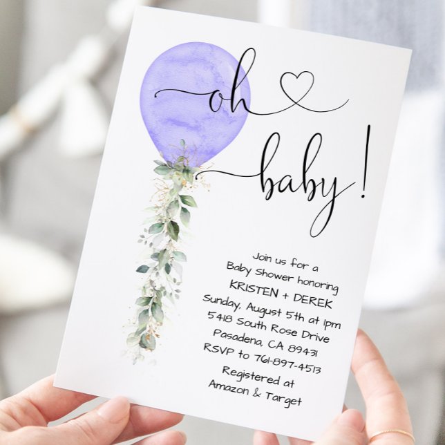 Purple Greenery Balloon Baby Shower Invitation (Creator Uploaded)