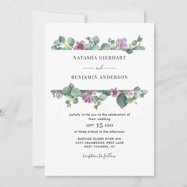 Purple Greenery Eucalyptus QR Code Wedding Invitation (Front)