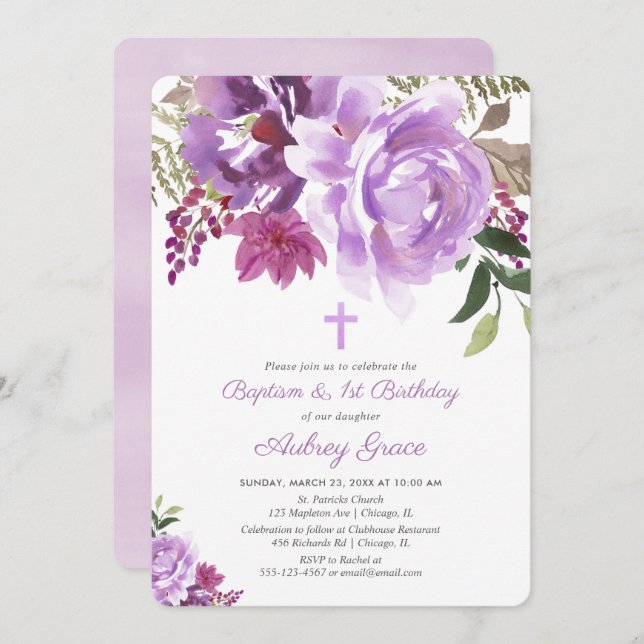 Purple greenery floral baptism 1st first birthday invitation (Front/Back)