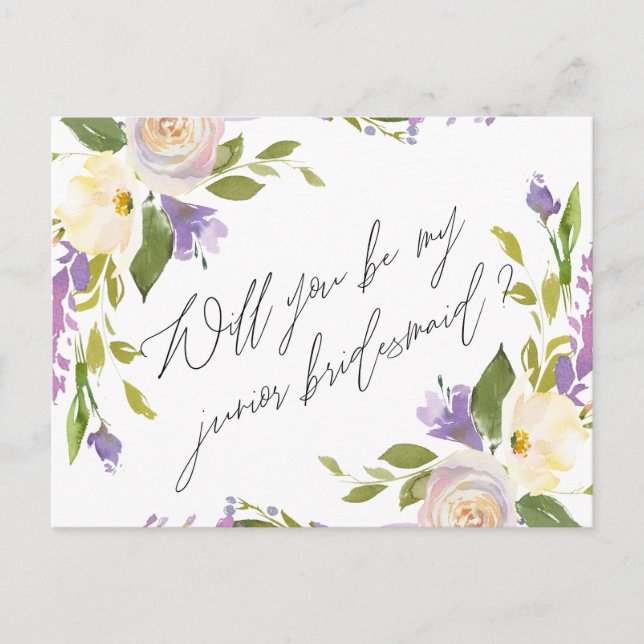 Purple Greenery Floral Be My Junior Bridesmaid Invitation Postcard (Front)