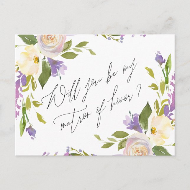 Purple Greenery Floral Be My Matron Of Honour Invitation Postcard (Front)