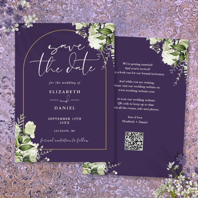 Purple Greenery Floral Gold Arch QR Code Wedding Save The Date (Purple Greenery Floral Gold Arch QR Code Wedding Save The Date)