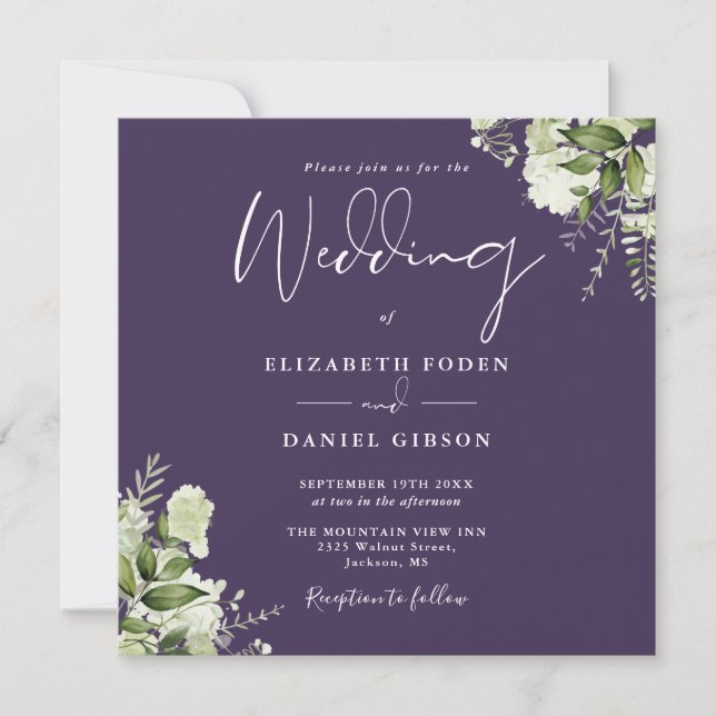 Purple Greenery Floral Monogram Square Wedding Invitation (Front)