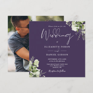 Purple Greenery Floral Photo Square Wedding Invitation