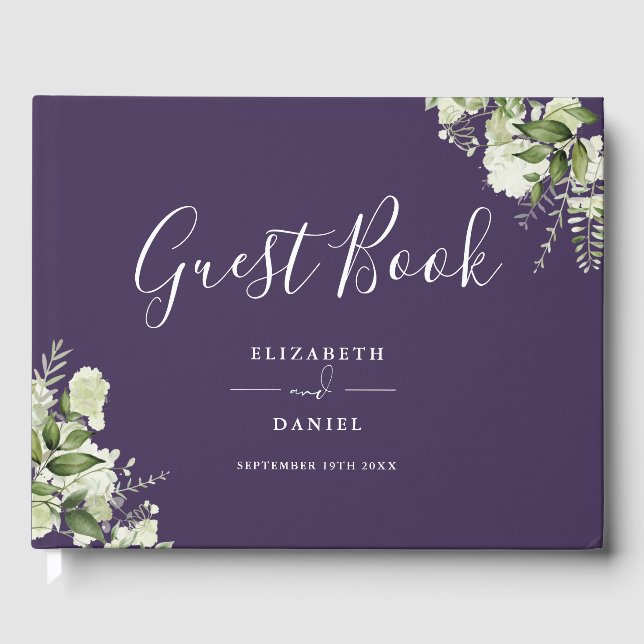 Purple Greenery Floral Wedding Guest Book (Front)