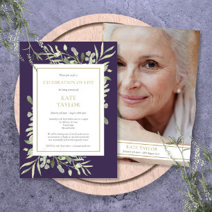 Purple Greenery Funeral Celebration of Life Photo Invitation
