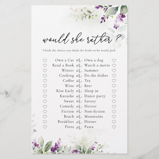 Purple Greenery Lavender Bridal Shower Game (Front)