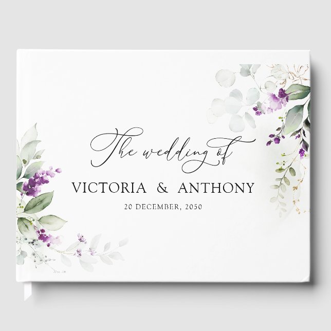 Purple Greenery Lavender Wedding Guest Book (Front)