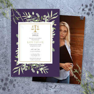 Purple Greenery Law School Graduation Photo Invitation