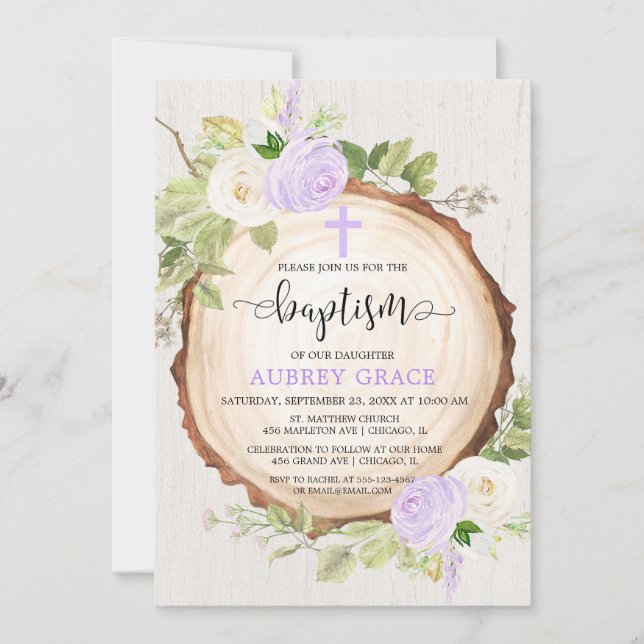 Purple greenery rustic girl baptism woodland invitation (Front)