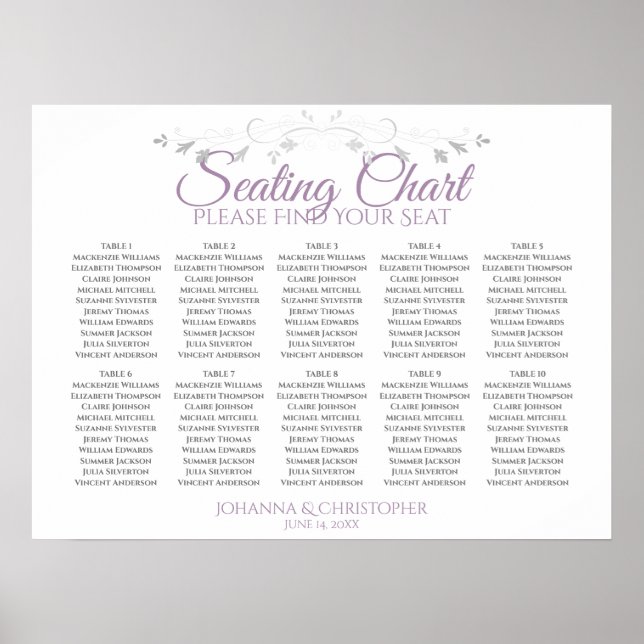 Purple & Grey 10 Table Wedding Seating Chart (Front)
