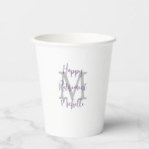 Purple Grey and White Monogrammed Retirement Party Paper Cups