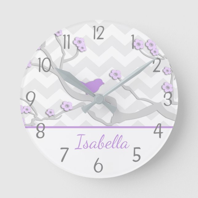 Purple Grey Bird on Branch Nursery Wall Clock (Front)