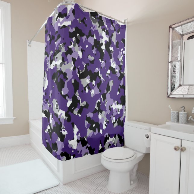 Purple Grey Black White Camouflage Camo Print Shower Curtain (In Situ)