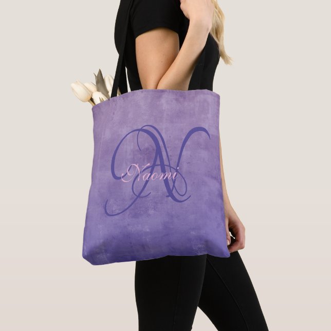 Purple Grey Blue stylish rustic monogram Tote Bag (Close Up)