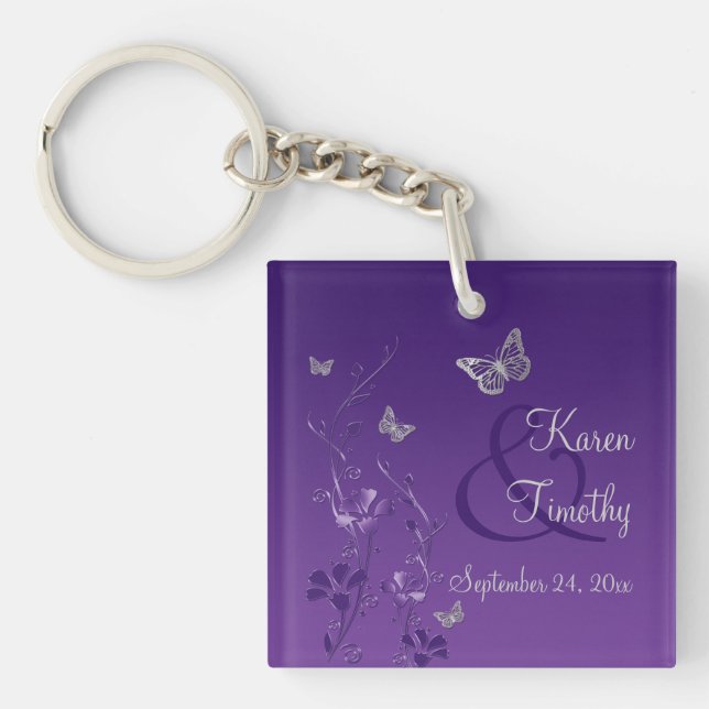 Purple Grey Butterfly Floral Acrylic Keychain (Front)