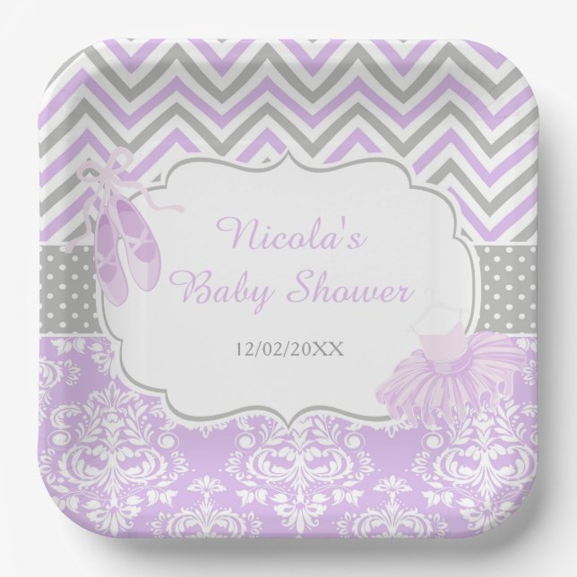 Purple & Grey Chevron Ballerina Baby Shower Paper Plate (Front)
