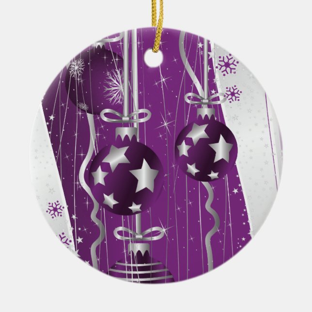 Purple, grey Christmas balls stars and snowflakes Ceramic Tree Decoration (Front)