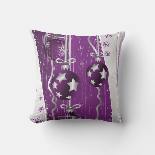 Purple, grey Christmas balls stars and snowflakes Cushion (Front)